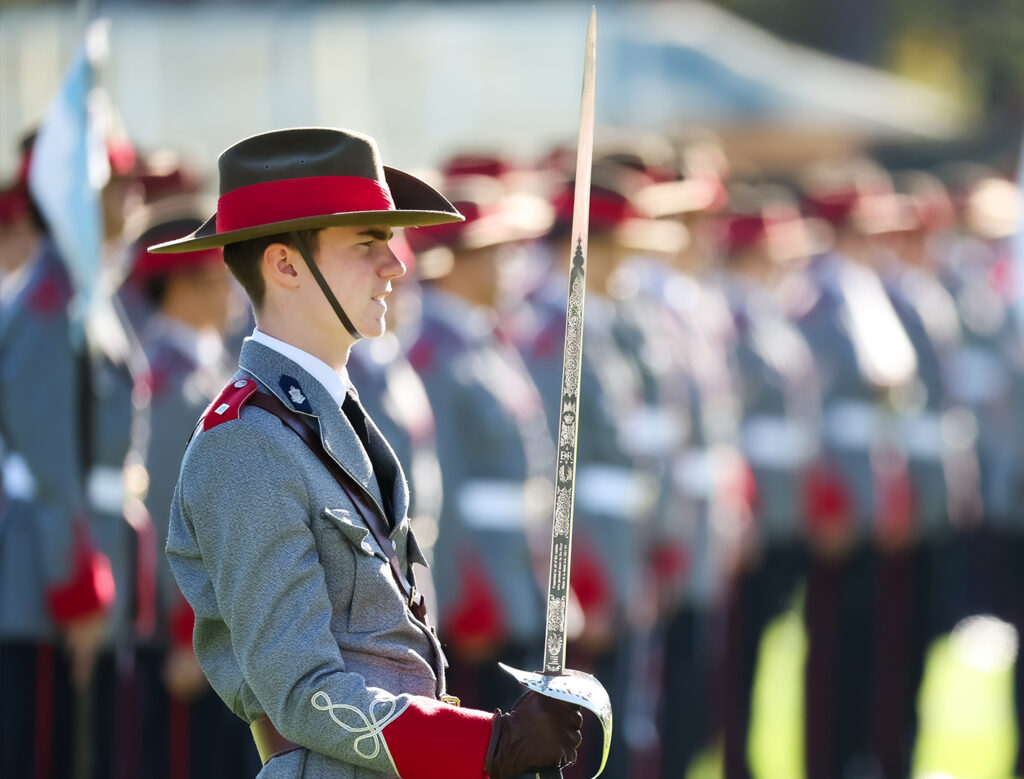 Student wearing the King's School uniform on parade for cadets